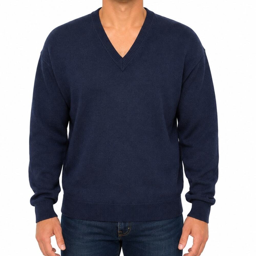 Huntington Lambswool Virgin 100% Wool V-Neck Sweater Men M Navy Knit Vintage